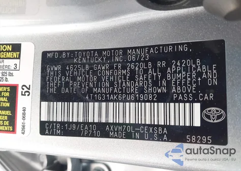 2023 Toyota Camry Se Hybrid z USA, uszkodzony, nr VIN 4T1G31AK6PU619082